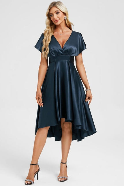 Robe de Soirée Satin Asymétrique Marine - gallery 2