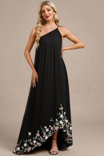 Robe de Soirée Noire Florale Asymétrique - gallery 2