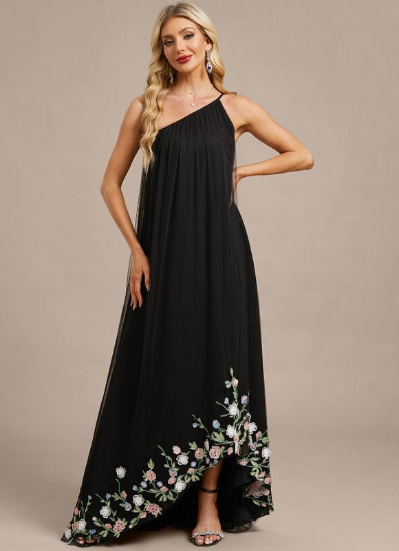 Robe de Soirée Noire Florale Asymétrique - gallery 2