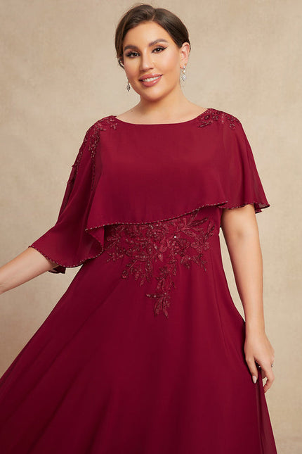 Robe de Soirée Longue Bordeaux En Mousseline Dentelle Perles - gallery 9
