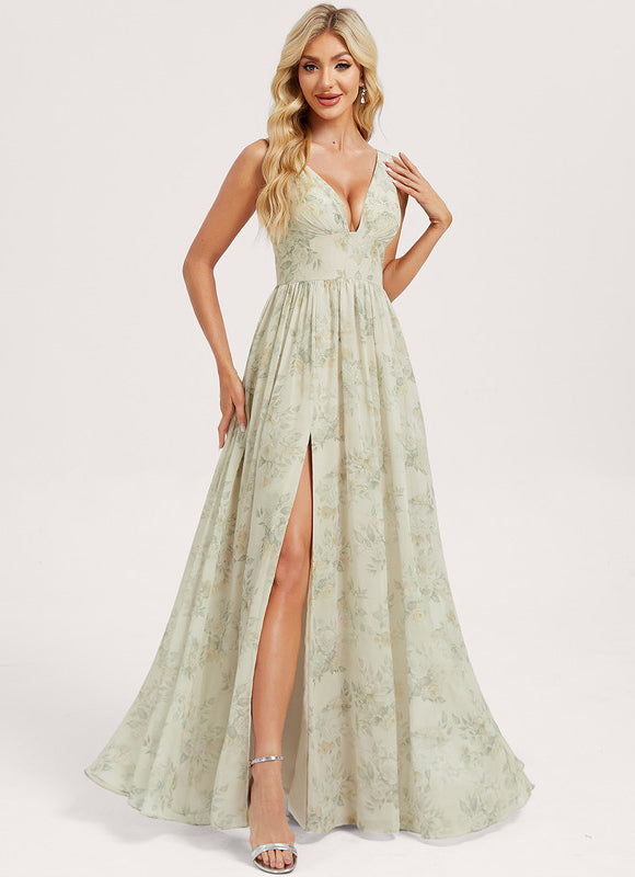 Robe de Soirée Mousseline Beige - gallery 1