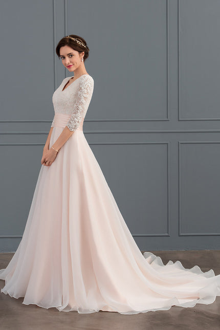 Robe de Soirée Longue Blanche Princesse Dentelle Voile