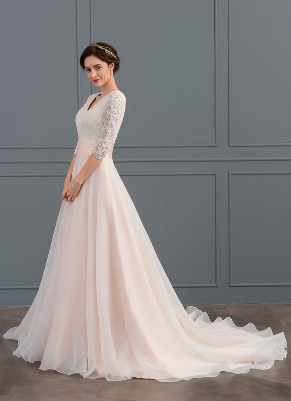 Robe de Soirée Longue Blanche Princesse Dentelle Voile