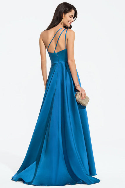 Robe Longue Bleu Satin Balayeuse Bal De Soirée - gallery 3