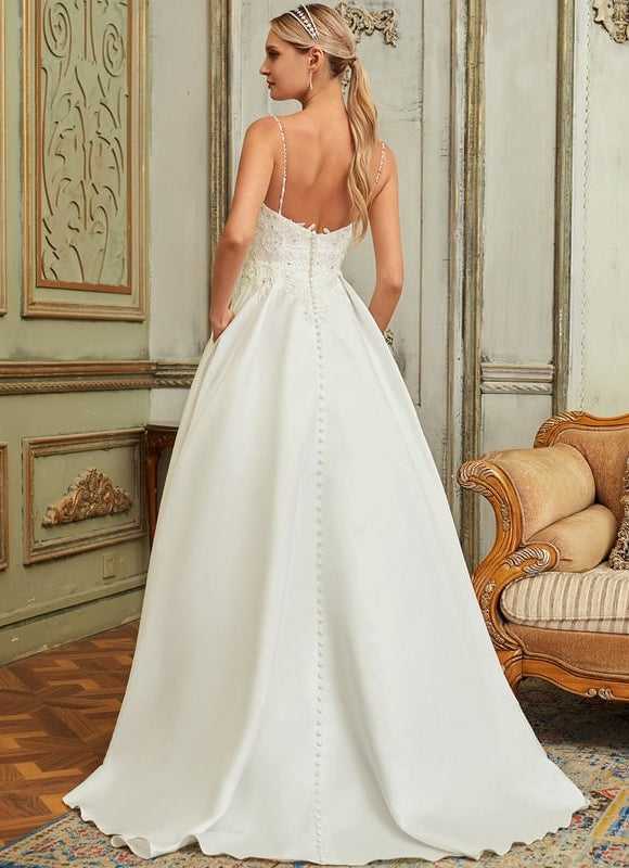 Robe de Soirée Longue Mariée Satin Dentelle Perles Blanche - gallery 4