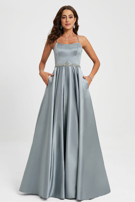 Robe de Soirée Longue Bleu Satin Strass Bal - gallery 1