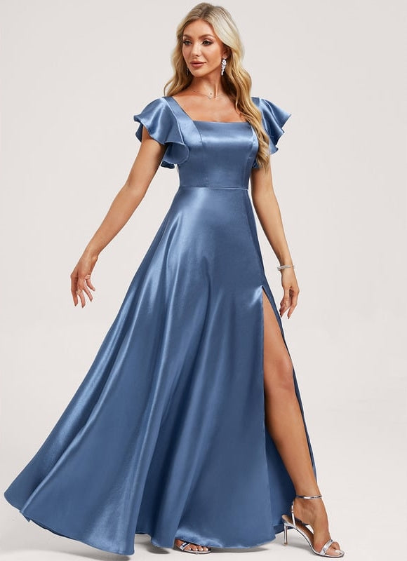 Robe de Soirée Satin Bleu Élégant - gallery 1