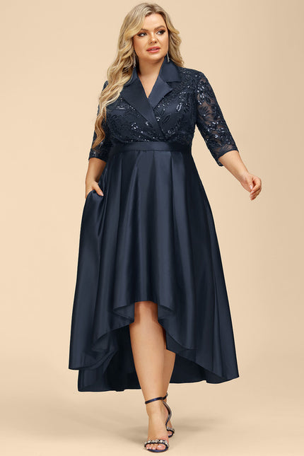 Robe de Soirée Longue Bleu Satin Dentelle Paillettes - gallery 7