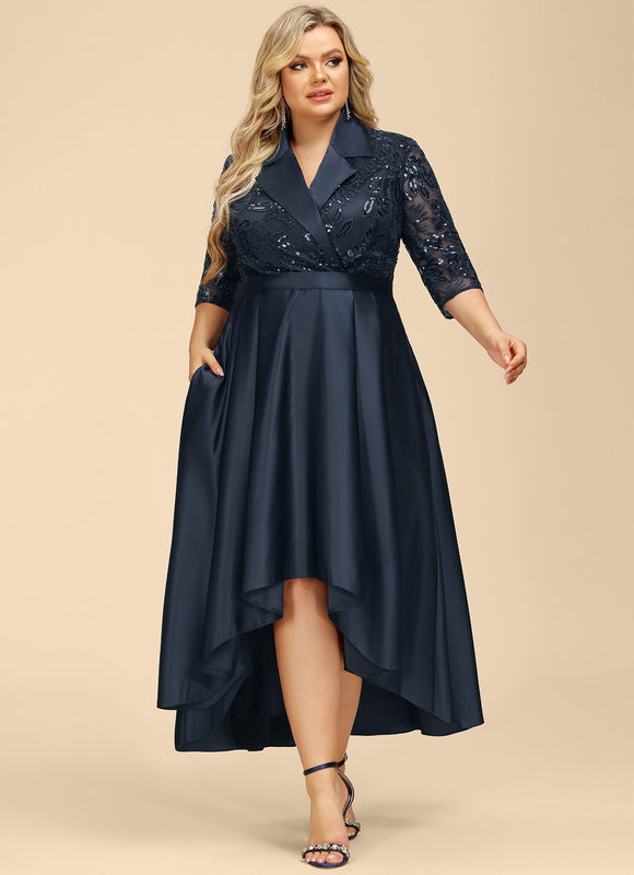Robe de Soirée Longue Bleu Satin Dentelle Paillettes - gallery 7