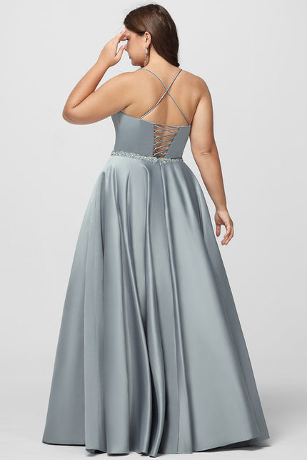 Robe de Soirée Longue Bleu Satin Strass Bal - gallery 9