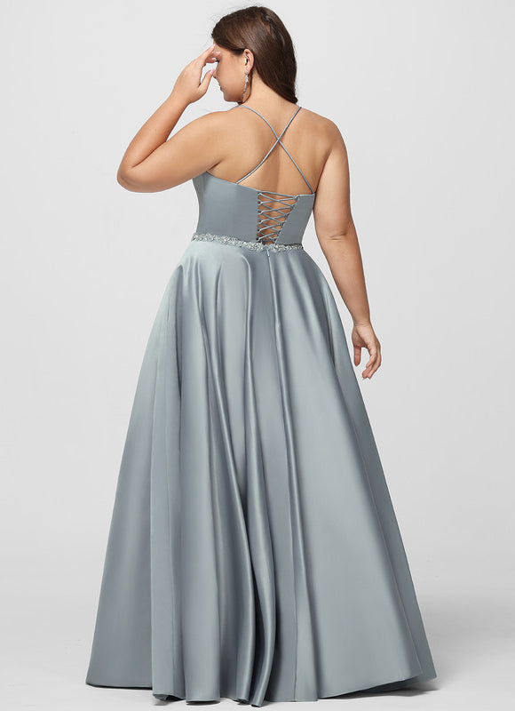 Robe de Soirée Longue Bleu Satin Strass Bal - gallery 9