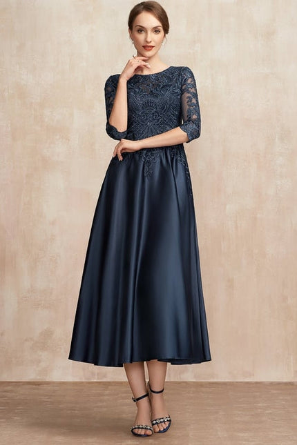 Robe de Soirée Longue Bleue Satin Dentelle Paillettes - gallery 2