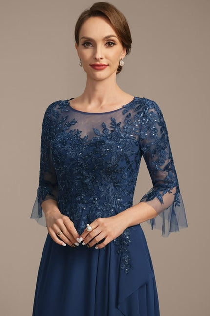 Robe de Soirée Longue Bleu Marine Dentelle Mousseline Volants - gallery 1