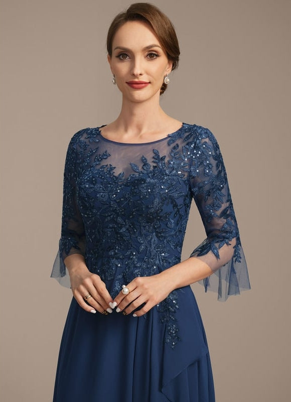 Robe de Soirée Longue Bleu Marine Dentelle Mousseline Volants - gallery 1