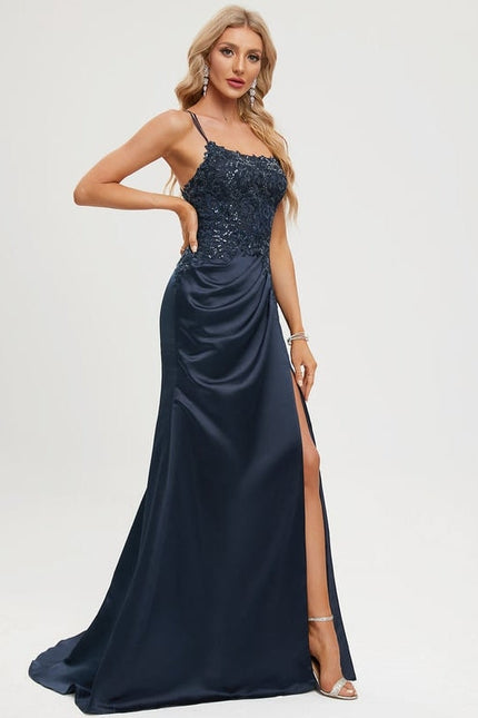 Robe Longue Bleue Satin Dentelle Paillettes Soirée - gallery 6