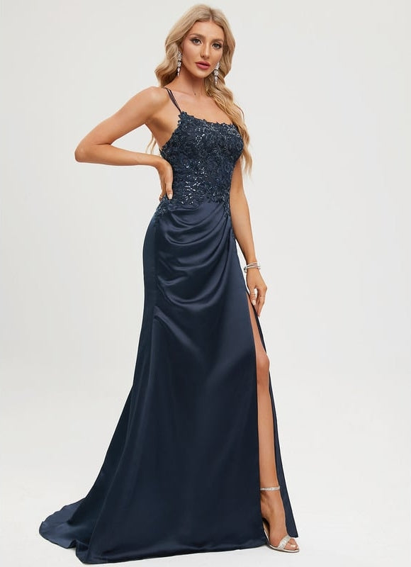 Robe Longue Bleue Satin Dentelle Paillettes Soirée - gallery 6