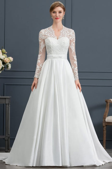 Robe de Soirée Longue Blanche Princesse Dentelle Col V - gallery 1