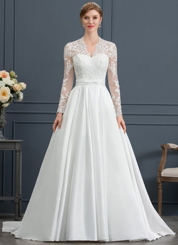 Robe de Soirée Longue Blanche Princesse Dentelle Col V - gallery 1