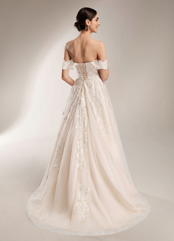 Robe de Soirée Longue Blanche Mariage Dentelle Epaule Dénudée - gallery 3