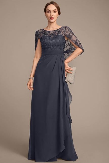 Robe de Soirée Longue Bleu Marine Dentelle Mousseline Volants - gallery 2