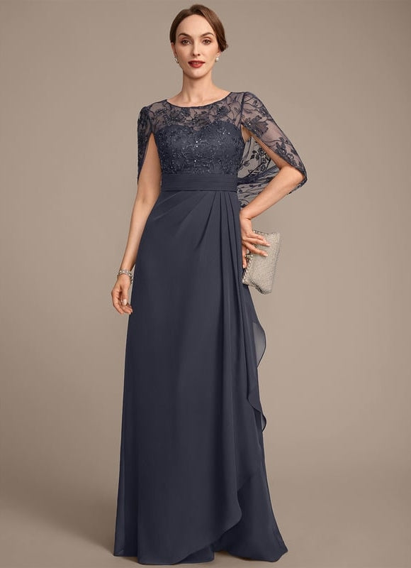 Robe de Soirée Longue Bleu Marine Dentelle Mousseline Volants - gallery 2