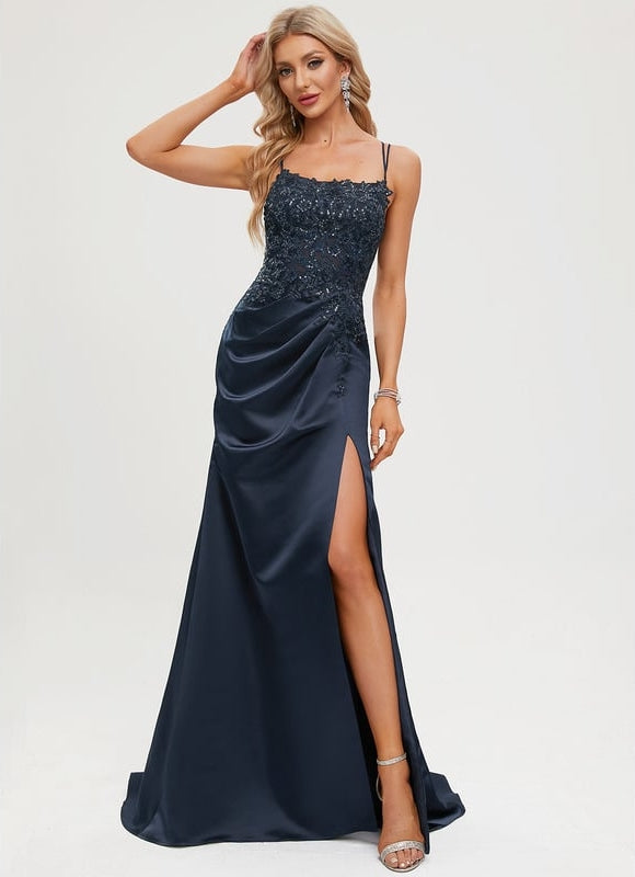 Robe Longue Bleue Satin Dentelle Paillettes Soirée - gallery 1