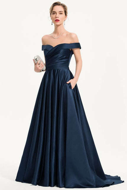 Robe Longue Bleu Soirée Satin Balayage Princesse - gallery 1