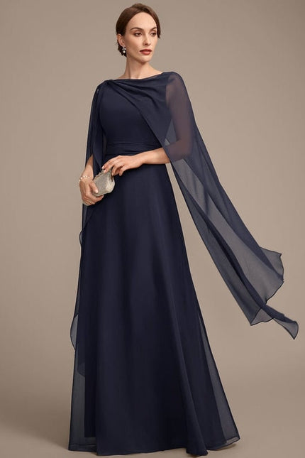 Robe de Soirée Longue Bleue En Mousseline Avec Nœud Plissé