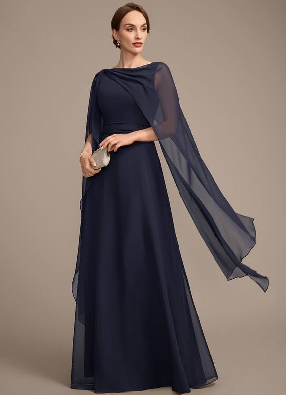 Robe de Soirée Longue Bleue En Mousseline Avec Nœud Plissé