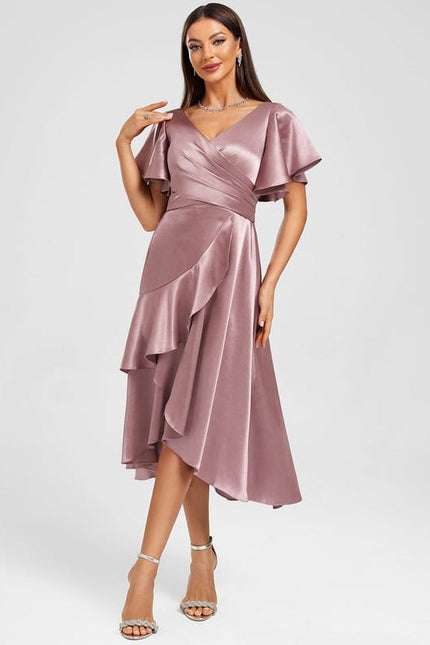 Robe de Soirée Satin Asymétrique Marine - gallery 2