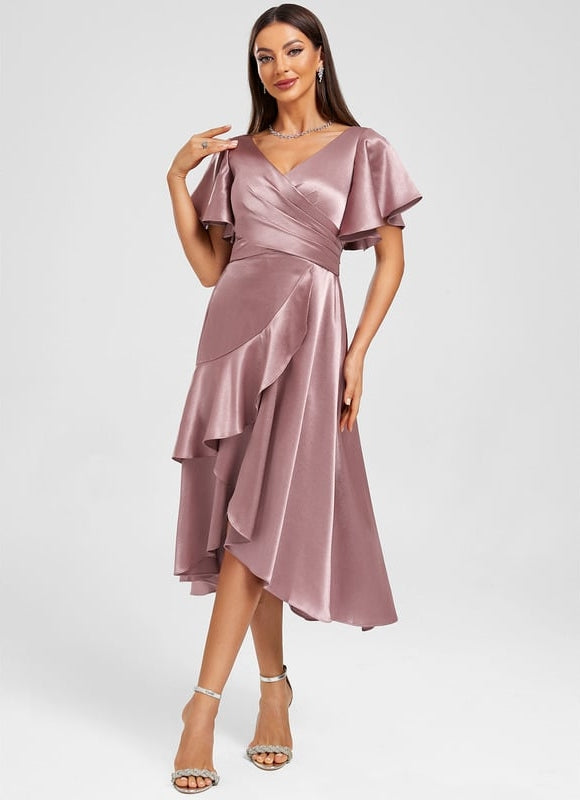 Robe de Soirée Satin Asymétrique Marine - gallery 2