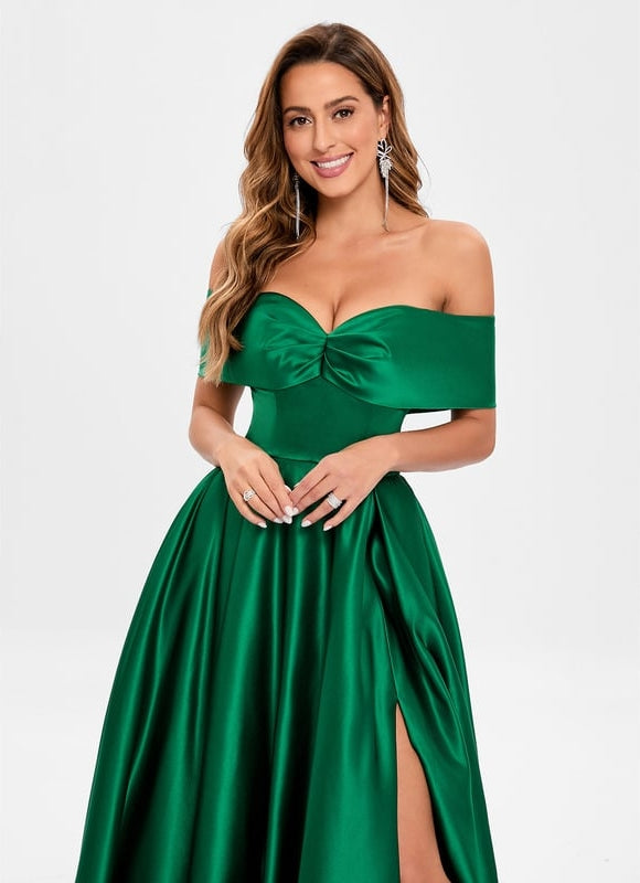 Robe de Soirée Longue Verte Satin Princesse Épaule Dénudée - gallery 5