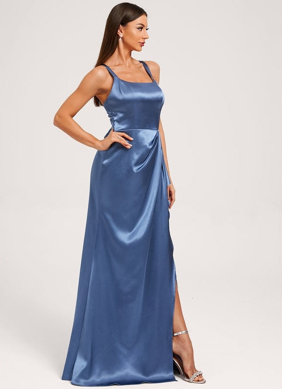 Robe de Soirée Satin Bleu Élégant - gallery 1