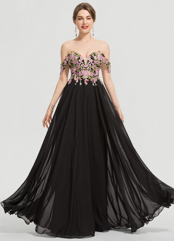 Robe de Soirée Longue Noire Princess Dentelle Floral