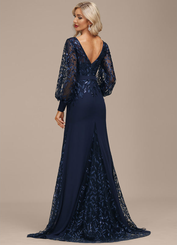 Robe Longue Bleue Sirène Dentelle Soirée - gallery 3