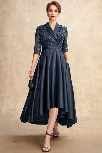 Robe de Soirée Longue Bleu Satin Dentelle Paillettes
