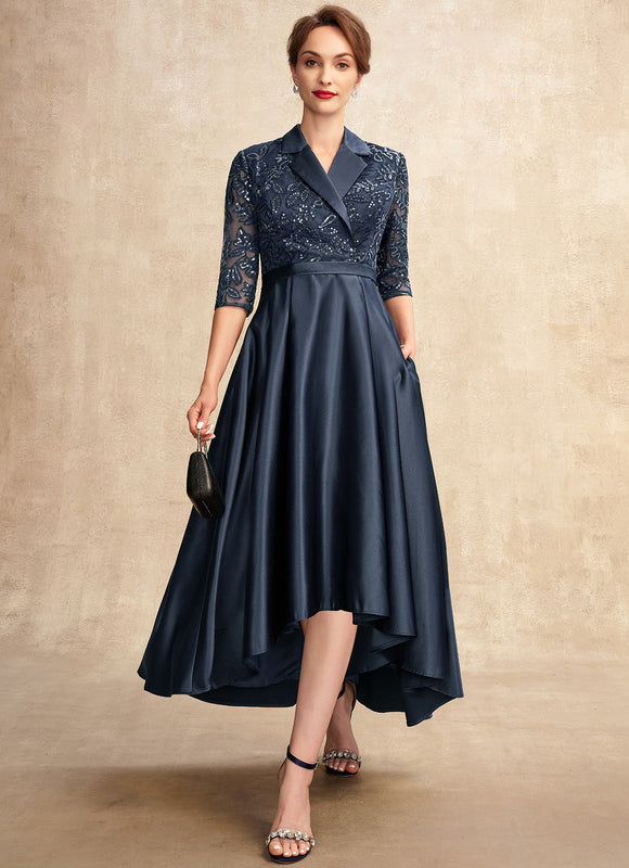 Robe de Soirée Longue Bleu Satin Dentelle Paillettes