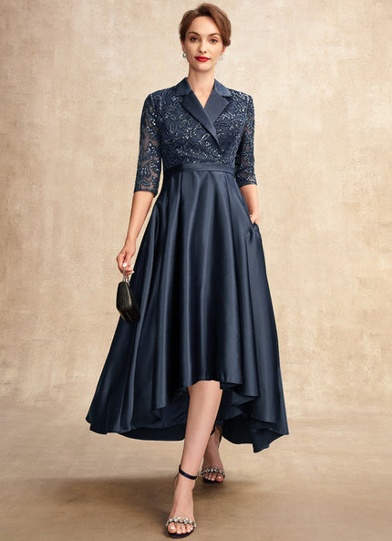 Robe de Soirée Longue Bleu Satin Dentelle Paillettes