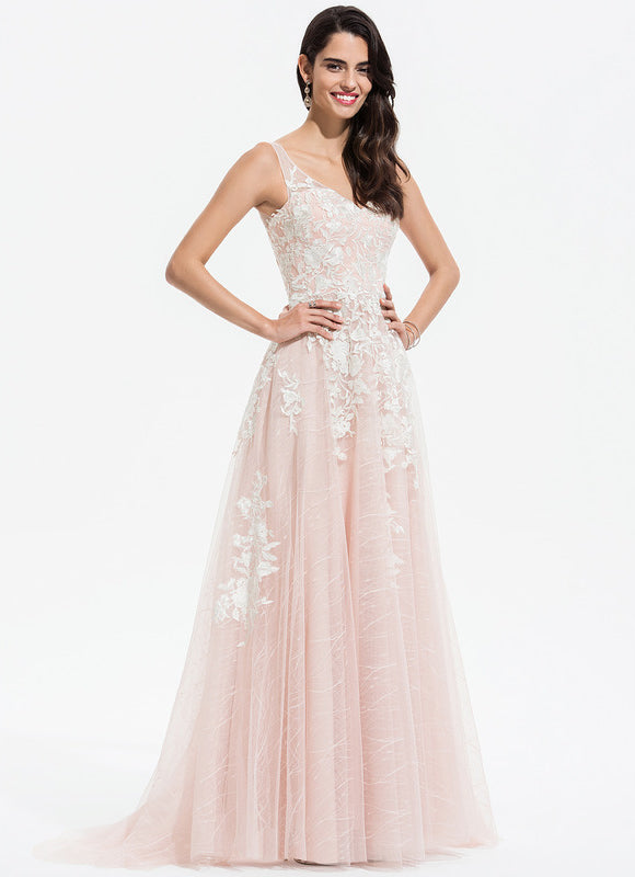 Robe de Soirée Longue Rose Ivoire En Tulle Et Dentelle - gallery 3