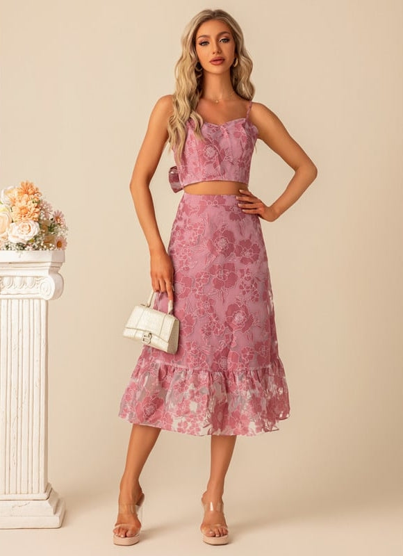 Robe de Soirée Fleur Rose Trapèze - gallery 1