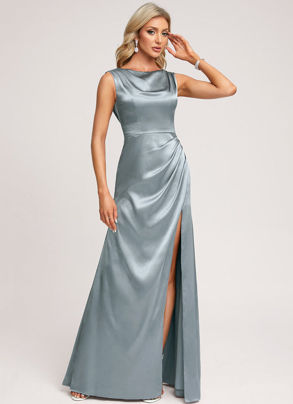 Robe de Soirée Satin Bleu Poudré - gallery 2