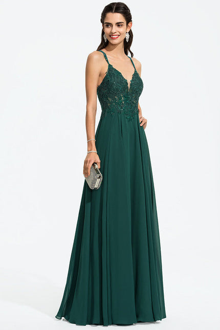 Robe Longue Vert Mousseuline Élégante Soirée - gallery 5