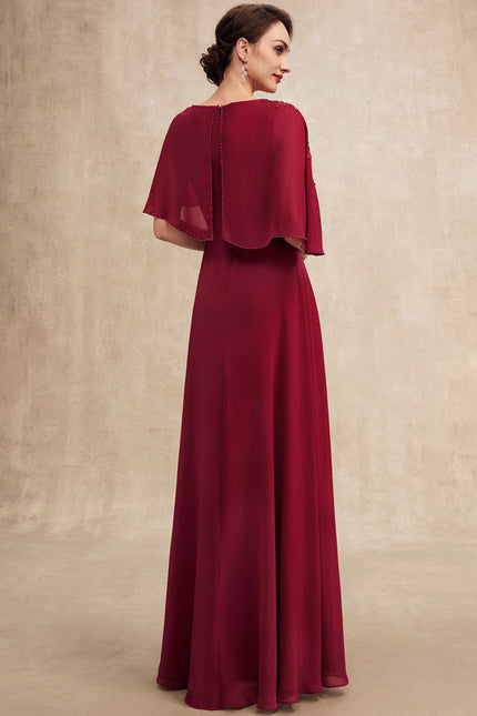 Robe de Soirée Longue Bordeaux En Mousseline Dentelle Perles - gallery 5