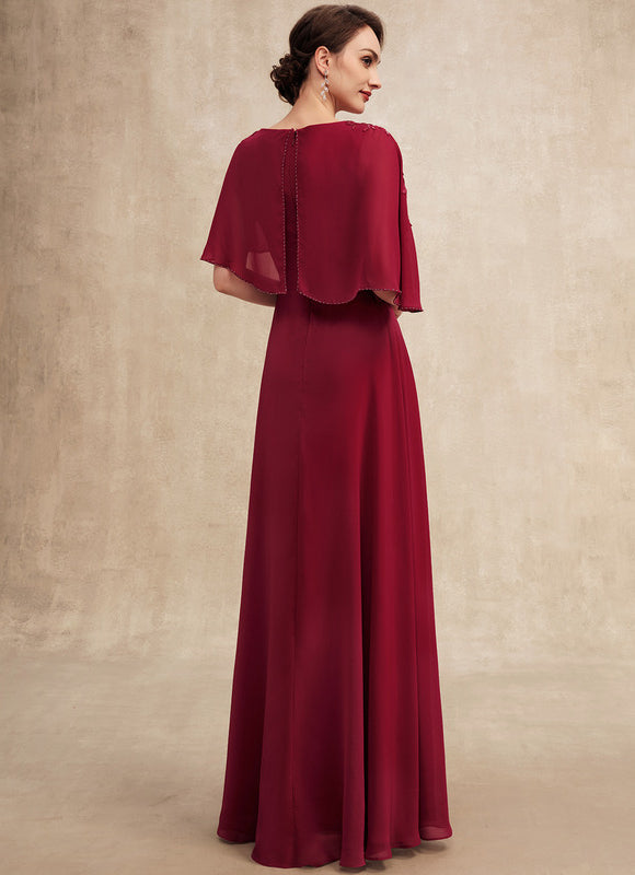 Robe de Soirée Longue Bordeaux En Mousseline Dentelle Perles - gallery 5