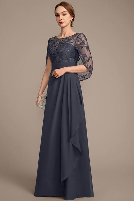 Robe de Soirée Longue Bleu Marine Dentelle Mousseline Volants - gallery 3
