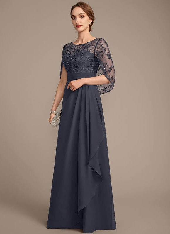 Robe de Soirée Longue Bleu Marine Dentelle Mousseline Volants - gallery 3