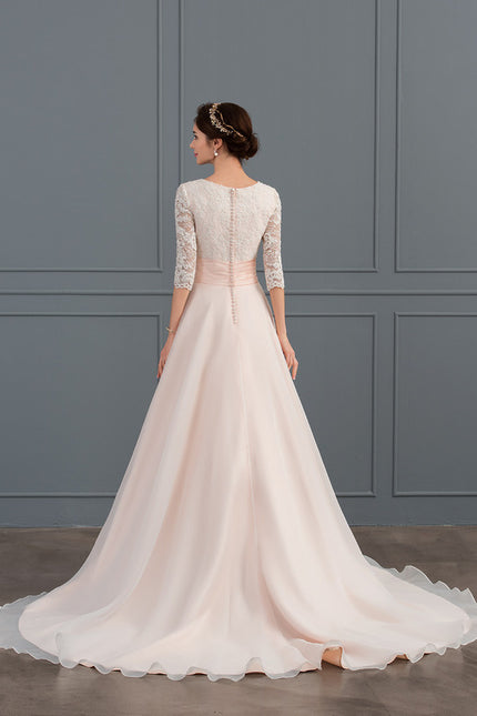 Robe de Soirée Longue Blanche Princesse Dentelle Voile - gallery 2
