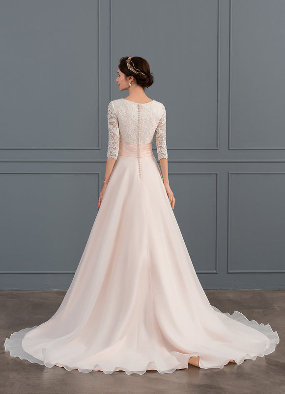 Robe de Soirée Longue Blanche Princesse Dentelle Voile - gallery 2
