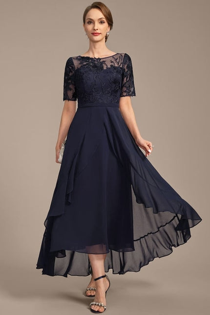 Robe de Soirée Longue Bleu Marine En Dentelle Et Mousseline