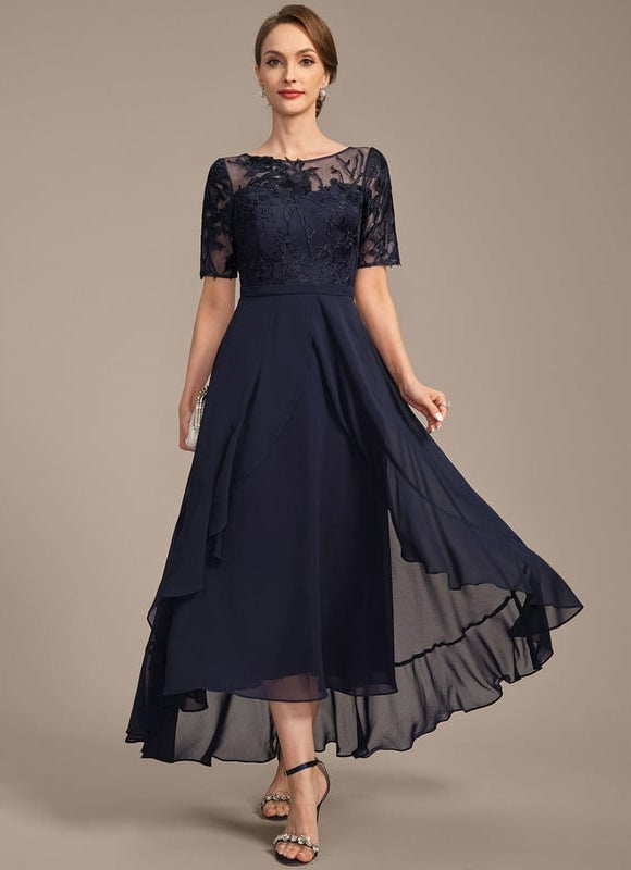 Robe de Soirée Longue Bleu Marine En Dentelle Et Mousseline